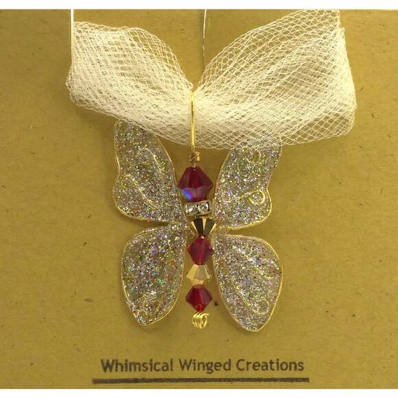 Artisan Whimsical Winged Butterfly Pendant Swarovski Red Gold Crystal Necklace - Picture 11 of 12